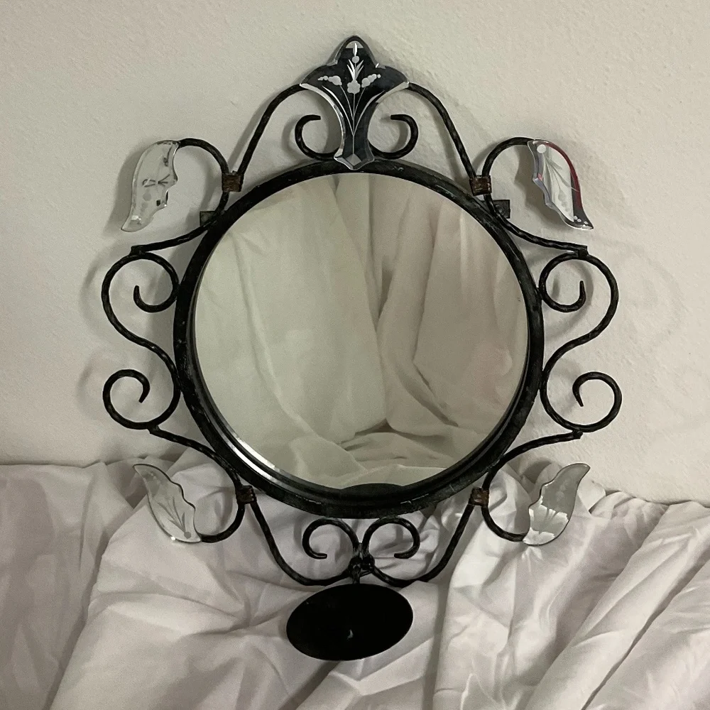 Vintage Mirror Candle Holder Round Petina Black authentic rustic